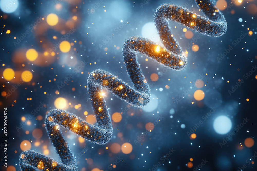 Poster glowing helix structure, possibly representing dna, in a dark blue and orange bokeh background.