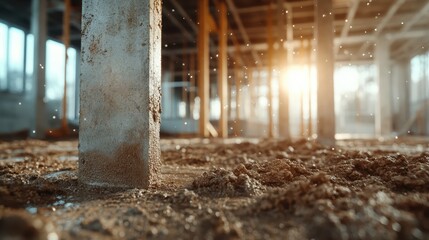 The blurred lines between construction and nature are exhibited in this image showcasing a construction area filled with soil and emerging sunlight from beams of structure.