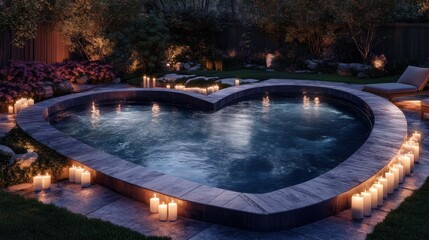 Relaxing evening swim in a heart-shaped pool surrounded by candles in a serene garden atmosphere