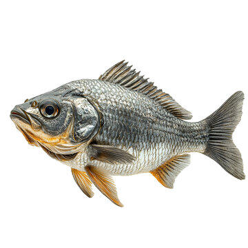 Angled view full body shot of an extremely perfect looking single Mojarra animal isolated on a white transparent background