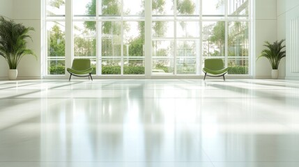 Fototapeta premium A tranquil area featuring elegant green chairs and large windows, inviting nature indoors, creating a serene environment perfect for relaxation or work.