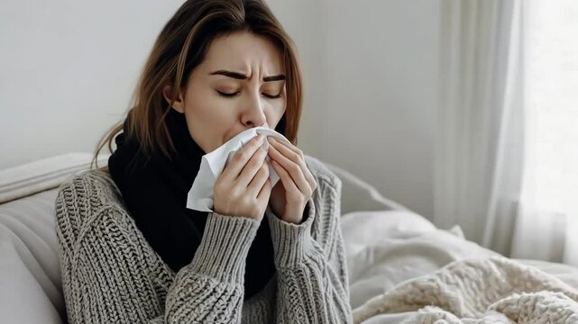 Young sick woman with cold or flue sitting on grey couch, holding a tissue to clear, blowing runny nose. Sneezing Girl under gray plaid blanket with handkerchief to dripping nose, blowing snot at home