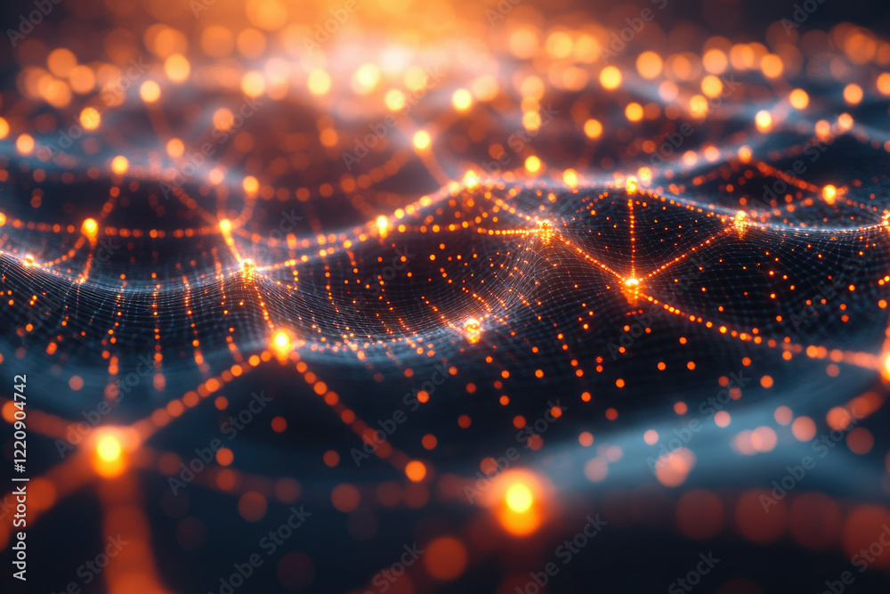 Poster Abstract digital network, glowing nodes connected by lines, forming a wavy surface.  Represents connectivity and data flow.