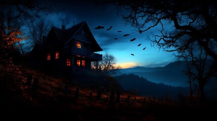 Mysterious Haunted House on a Hilltop at Dusk