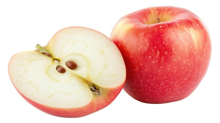 Two fresh red apples and a sliced apple on a white background
