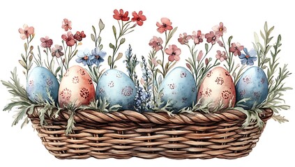 Decorated Pastel Easter Eggs in basket colorful Decoration isolated illustration 