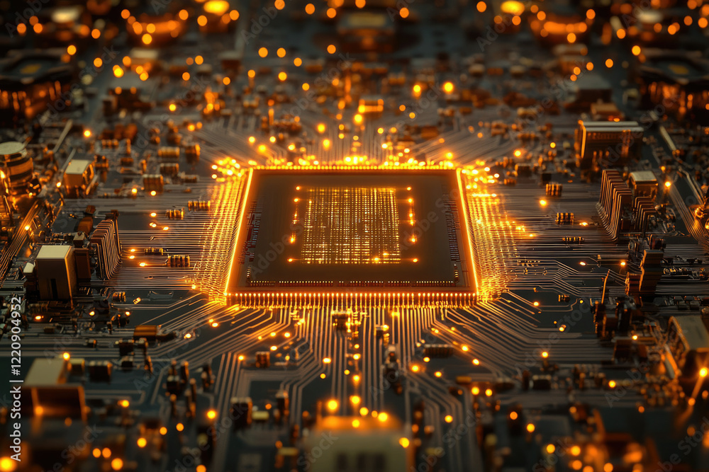Fototapete A glowing central processing unit (CPU) sits at the heart of a complex circuit board, representing advanced technology and computing power.