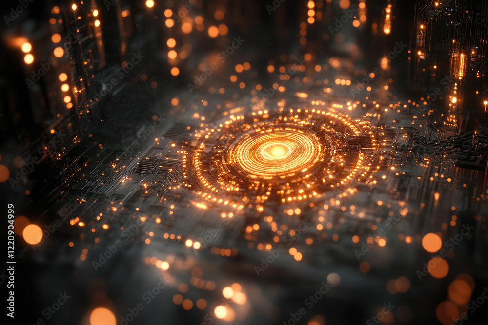 Aufkleber glowing orange circuit board with concentric circles, futuristic technology concept.
