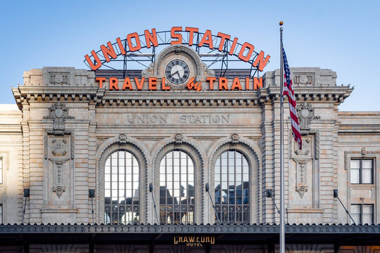 Union station building located in downtown Denver Colorado. Photo taken on a clear day