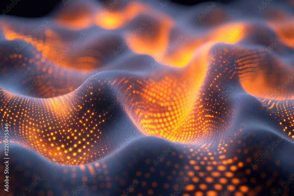 Poster Abstract digital landscape with glowing orange particles forming waves and flowing patterns.