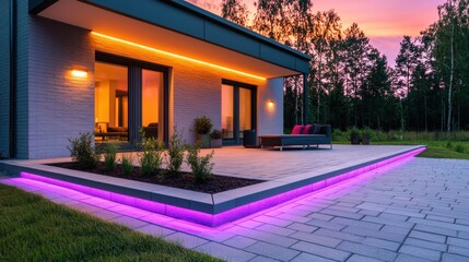 A modern house exterior featuring vibrant LED lighting, lush greenery, and a stylish patio, set against a colorful sunset backdrop.