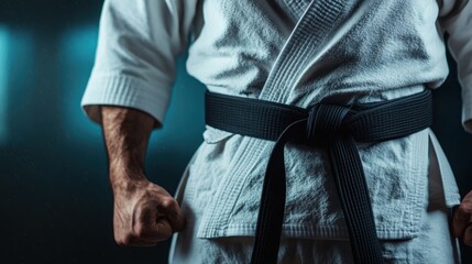 A powerful image showcasing a martial artist in a karate gi, showcasing strength with a black belt while preparing for a disciplined practice or competition.