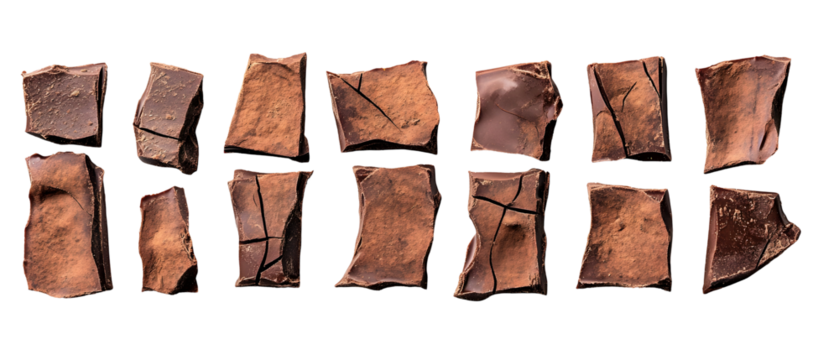 Pieces of a chocolate bar, hand-cut with rough edges and rich brown tones. Isolated on White Background, clipping path  - 