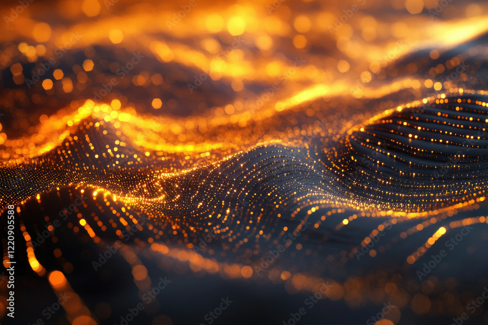 Poster Abstract golden particles forming a dynamic wave, glowing in the dark, creating a digital landscape.
