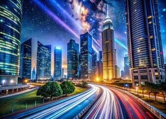 Fototapeta premium Nocturnal Cityscape: Illuminated Buildings and Starry Night Sky