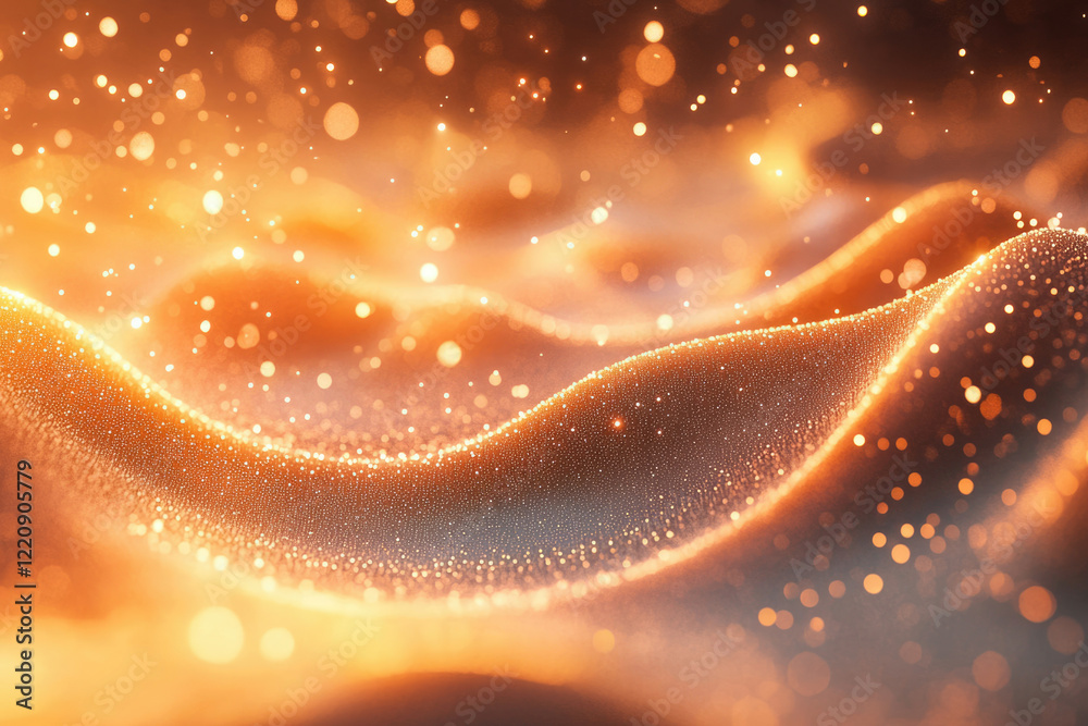 Poster golden glittering waves with bokeh lights, abstract background.