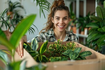 Premium Quality Image of Beautiful Woman Smiling Taking Care of Plants in Box at Workplace