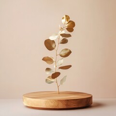 Wooden podium with golden eucalyptus leaves for product presentation