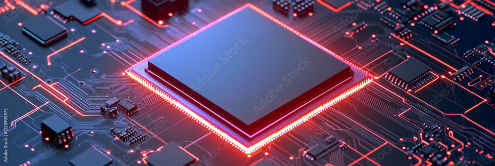 Poster Modern computer chip with glowing circuitry and design