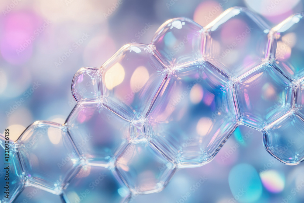 Poster Close-up of iridescent soap bubbles forming a hexagonal pattern against a bokeh background.