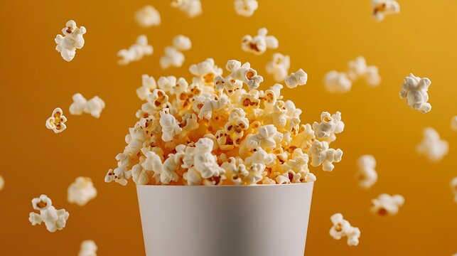 A Massive Bucket Overflowing with Fluffy Golden Popcorn Against a Warm Yellow Background Perfect for Movie Nights and Snack Advertising