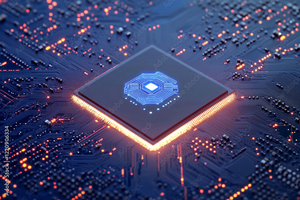 Aufkleber Intricate microchip design illuminated with glowing circuitry