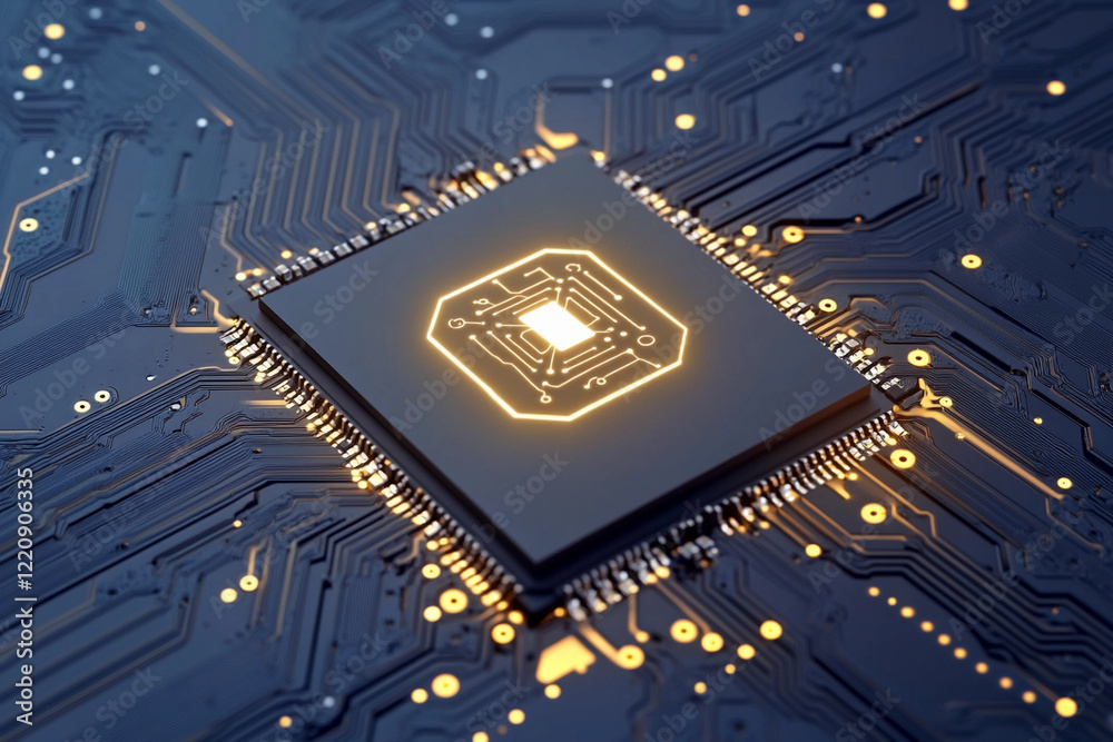 Poster Modern microchip surrounded by intricate circuitry layout
