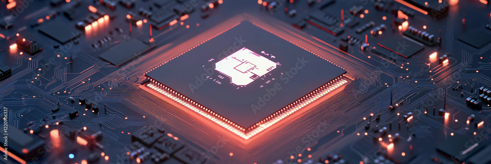 Poster Futuristic computer chip with glowing elements in a circuit
