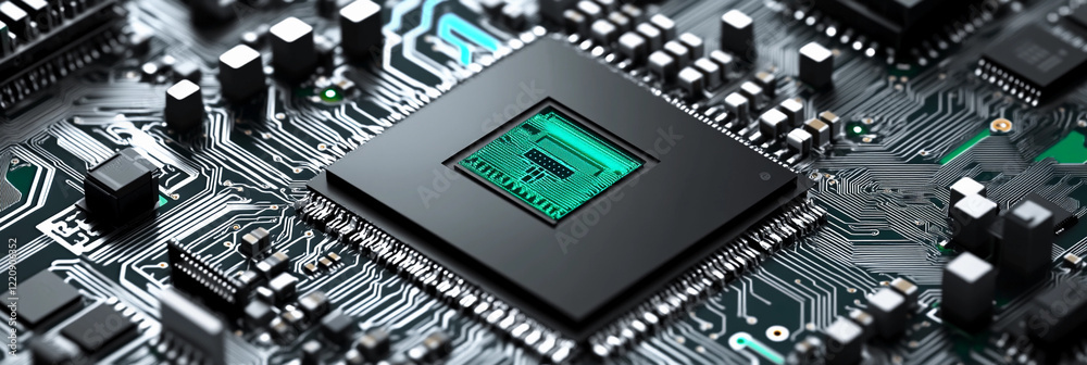 Poster Close-up of a green microchip on a circuit board