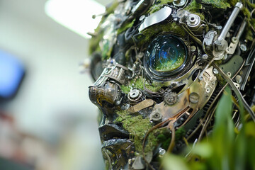 Fototapeta premium Hybrid robotic sculpture with natural elements in an exhibition