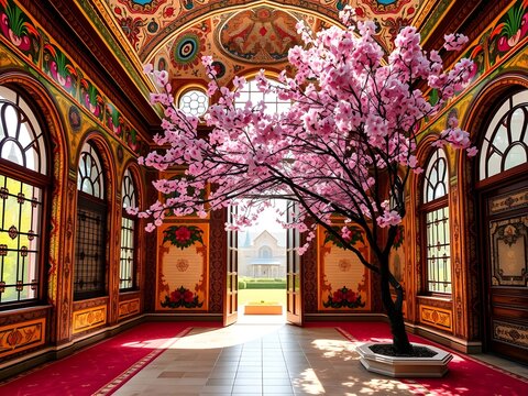 A vibrant, intricately designed Persian-style courtyard showcasing stunning floral motifs on the ceiling, walls, and stained glass windows. The scene is illuminated by soft sunlight filtering..