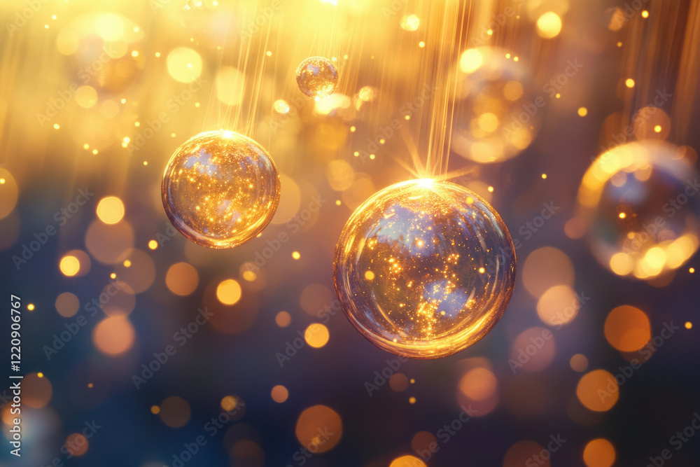 Poster glowing golden orbs suspended in a bokeh background, creating a magical, festive atmosphere.