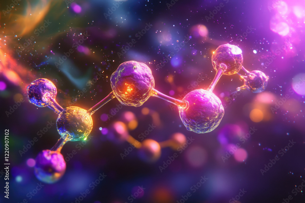 Poster A vibrant microscopic view of a molecule, showcasing its atomic structure and bonds in a colorful, abstract background.