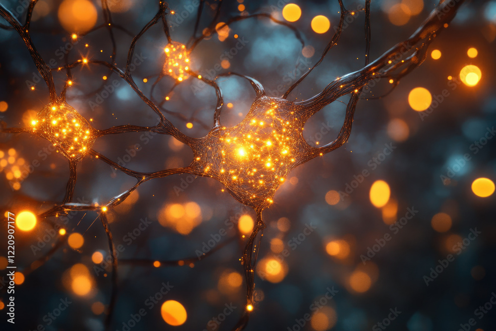 Poster a mesmerizing digital artwork depicting a network of interconnected neurons, glowing with vibrant en