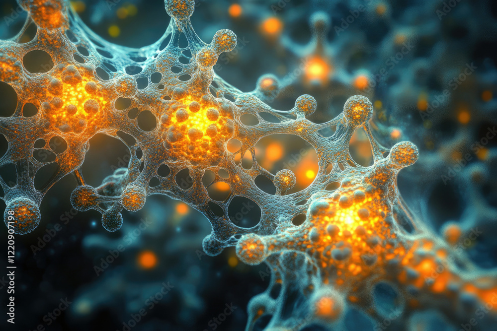 Aufkleber Microscopic view of a complex network structure with glowing nodes, resembling neural connections or molecular bonds.
