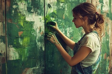 Fototapeta premium A young woman artist paints a green textured wall, her hands and clothes stained with paint.