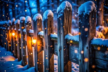 Obraz premium Old Dark Wooden Fence in Snowy Winter Landscape - Rustic Winter Background