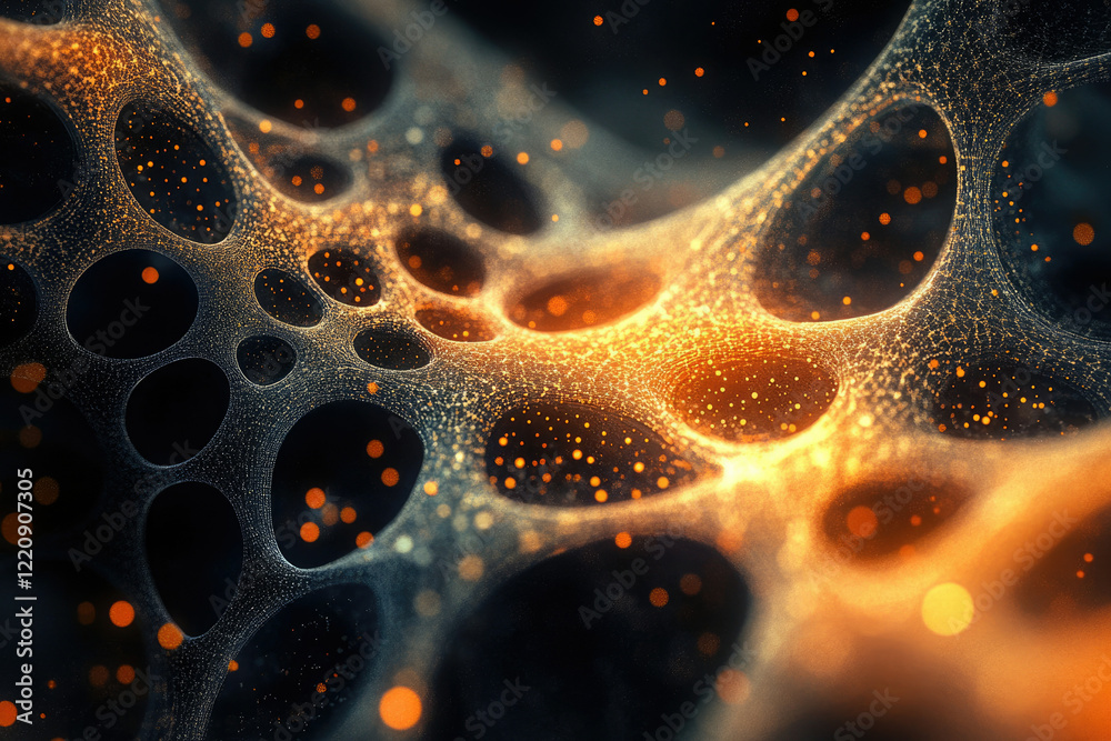 Poster Abstract 3D rendering of a glowing network with interconnected nodes and particles.
