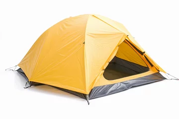 Fotobehang Bright yellow camping tent set up for outdoor adventure © plysuikvv