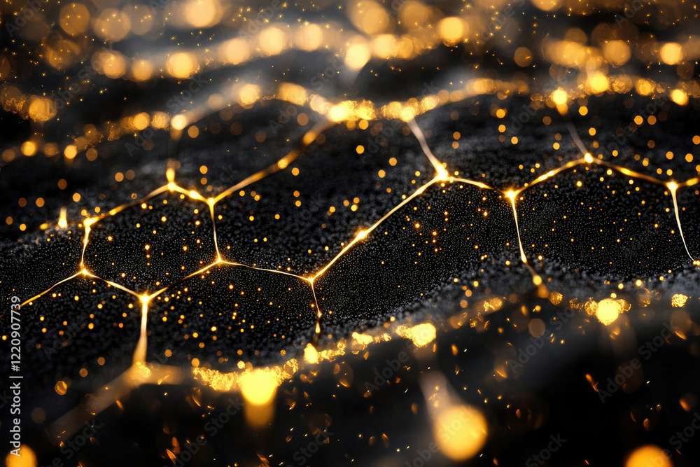 Poster Abstract dark background with golden hexagonal network and bokeh lights.