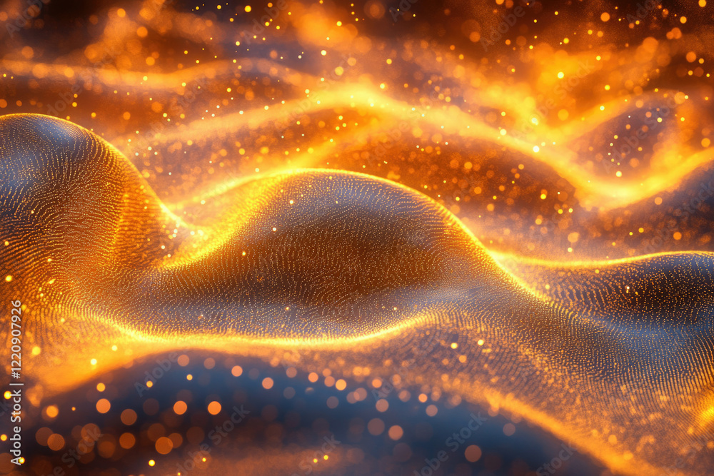 Poster Abstract golden particles forming a wave-like pattern, glowing with intense light and bokeh effect.