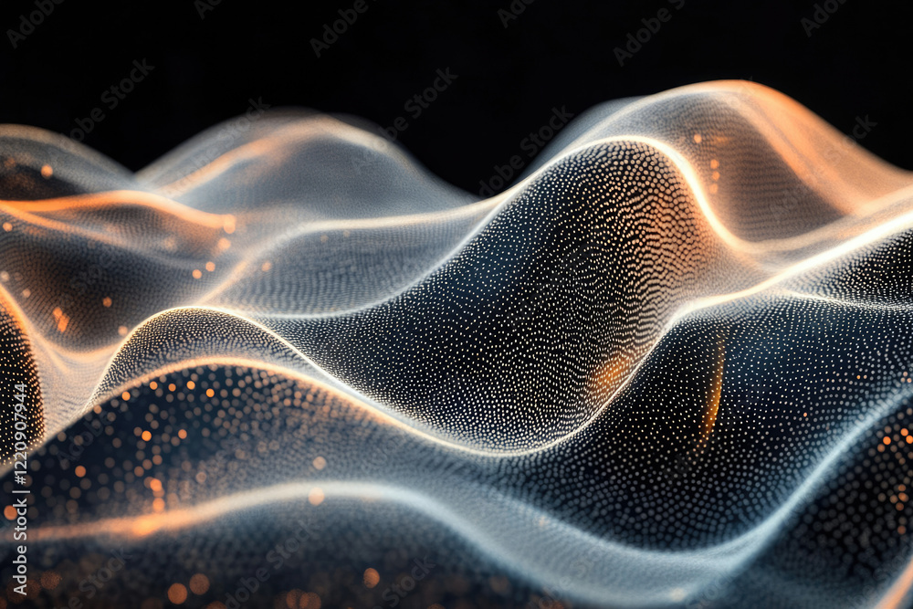 Poster Abstract wave of glowing particles, digital rendering of flowing data or energy.