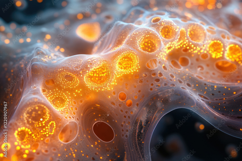 Poster Abstract 3D render of a translucent, porous structure with glowing orange particles, resembling a cellular or cosmic landscape.