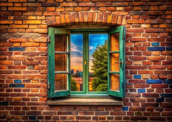 Open Window Brick Wall Background Copy Space - Documentary Photography Stock Photo