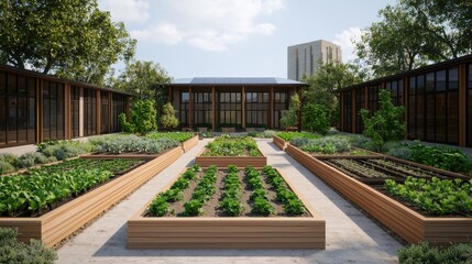 Fototapeta premium A serene urban garden featuring raised beds, lush greenery, and modern architecture, promoting sustainable living amidst city life.
