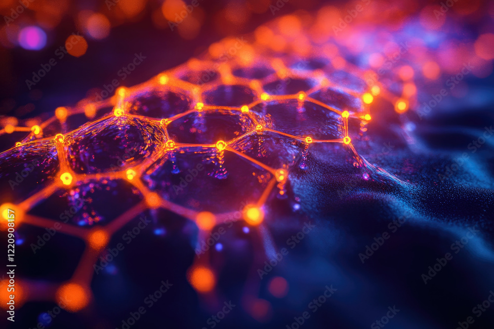 Fototapete Abstract network visualization with glowing nodes and connections forming a hexagonal pattern.