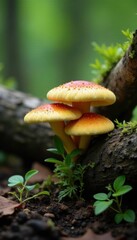 Fungi growing on a fallen dry coniferous tree trunk, mushroom growth, conifer