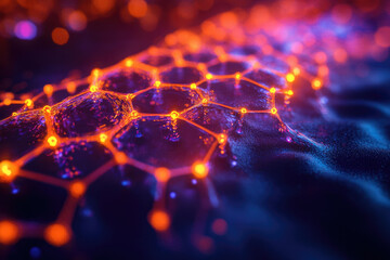 Abstract network visualization with glowing nodes and connections forming a hexagonal pattern.