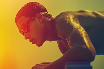 A sweaty swimmer, wearing goggles, prepares for a race, muscles tensed, ready to dive.