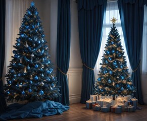Fototapeta premium Blue curtains or drapes hang behind a blue Christmas tree, filtering the light and adding to the calm mood, peaceful scene, serene atmosphere